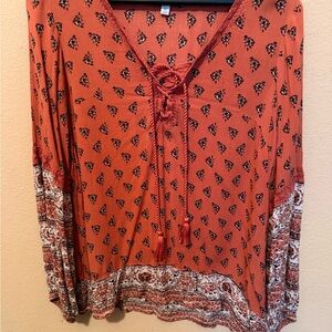 new directions Rust Paisley Border V-Neck Tunic with Tassel Tie